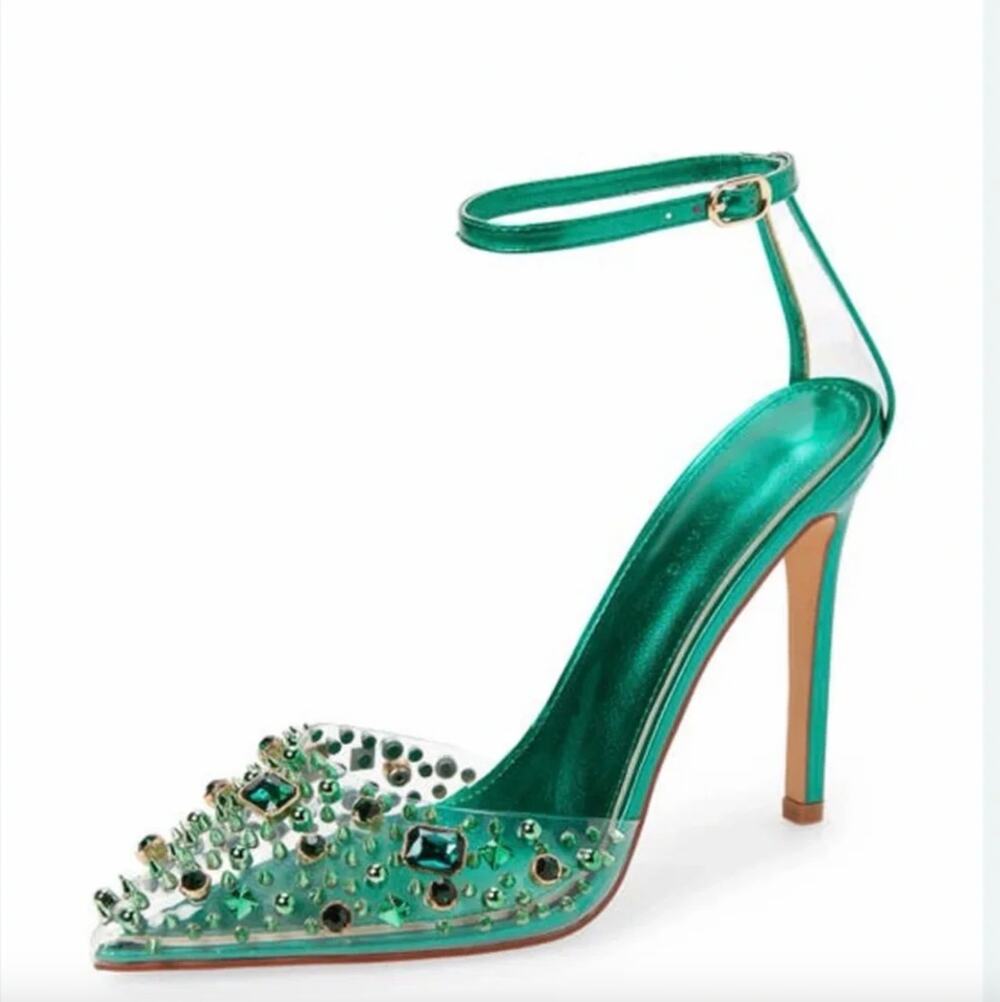 Azalea Wang Popstar green studded gem pointed toe ankle strap stiletto heels 10